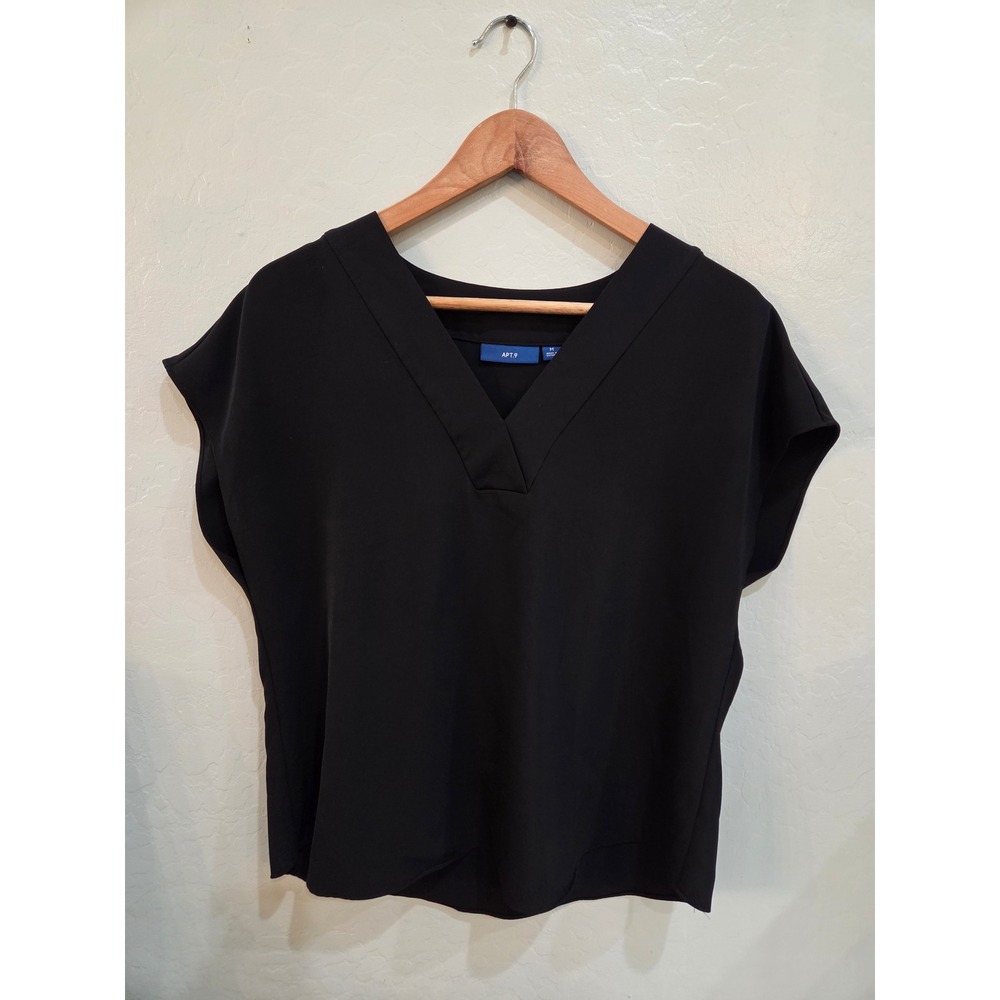Apt. 9 Womens Black V-Neck Cap Sleeve Blouse Top Size M RN 73277 Flowy Vintage